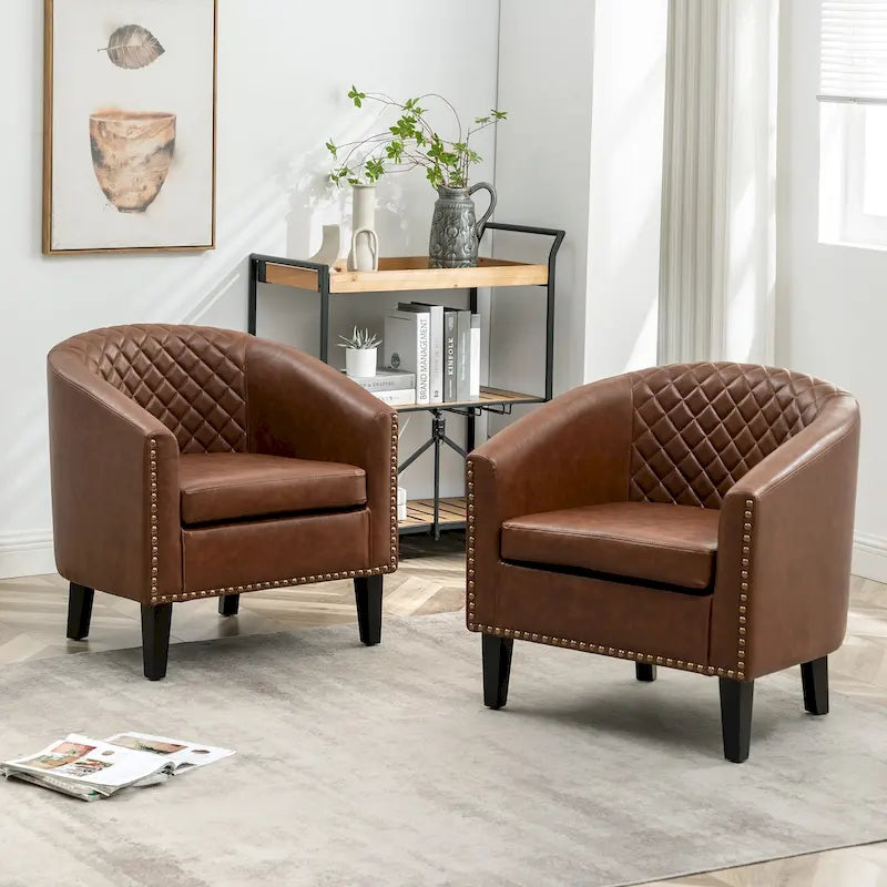 Fauteuil d'appoint baril en similicuir PU vert / café / marron / noir / rouge / crème avec clous décoratifs, lot de 2