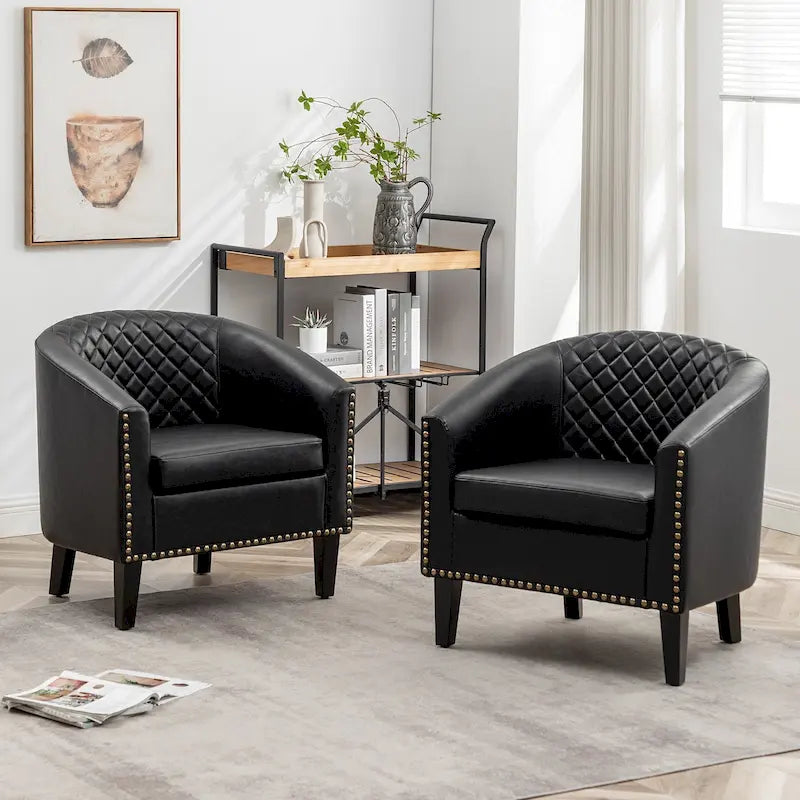 Fauteuil d'appoint baril en similicuir PU vert / café / marron / noir / rouge / crème avec clous décoratifs, lot de 2