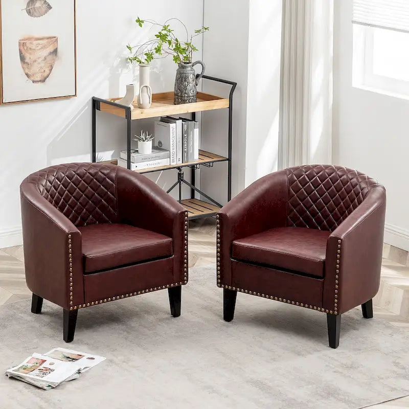 Fauteuil d'appoint baril en similicuir PU vert / café / marron / noir / rouge / crème avec clous décoratifs, lot de 2