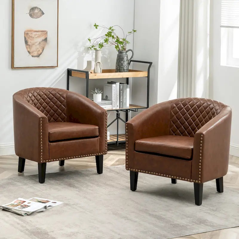 Fauteuil d'appoint baril en similicuir PU vert / café / marron / noir / rouge / crème avec clous décoratifs, lot de 2
