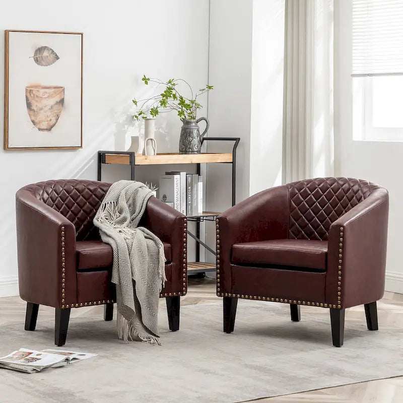 Fauteuil d'appoint baril en similicuir PU vert / café / marron / noir / rouge / crème avec clous décoratifs, lot de 2