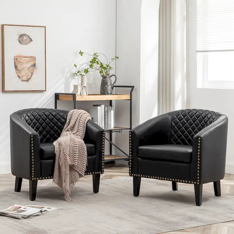 Fauteuil d'appoint baril en similicuir PU vert / café / marron / noir / rouge / crème avec clous décoratifs, lot de 2