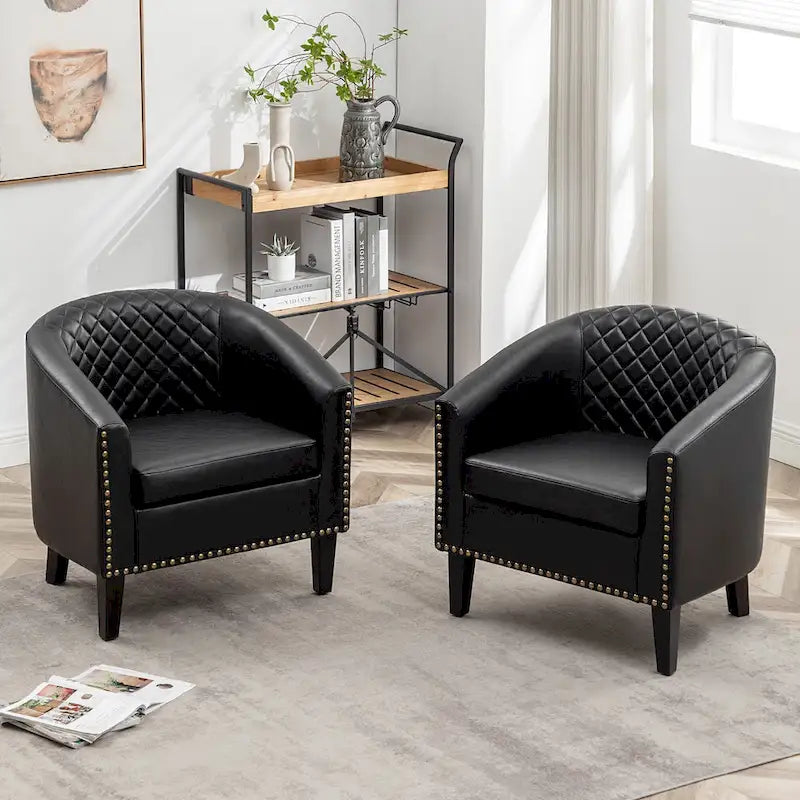 Fauteuil d'appoint baril en similicuir PU vert / café / marron / noir / rouge / crème avec clous décoratifs, lot de 2