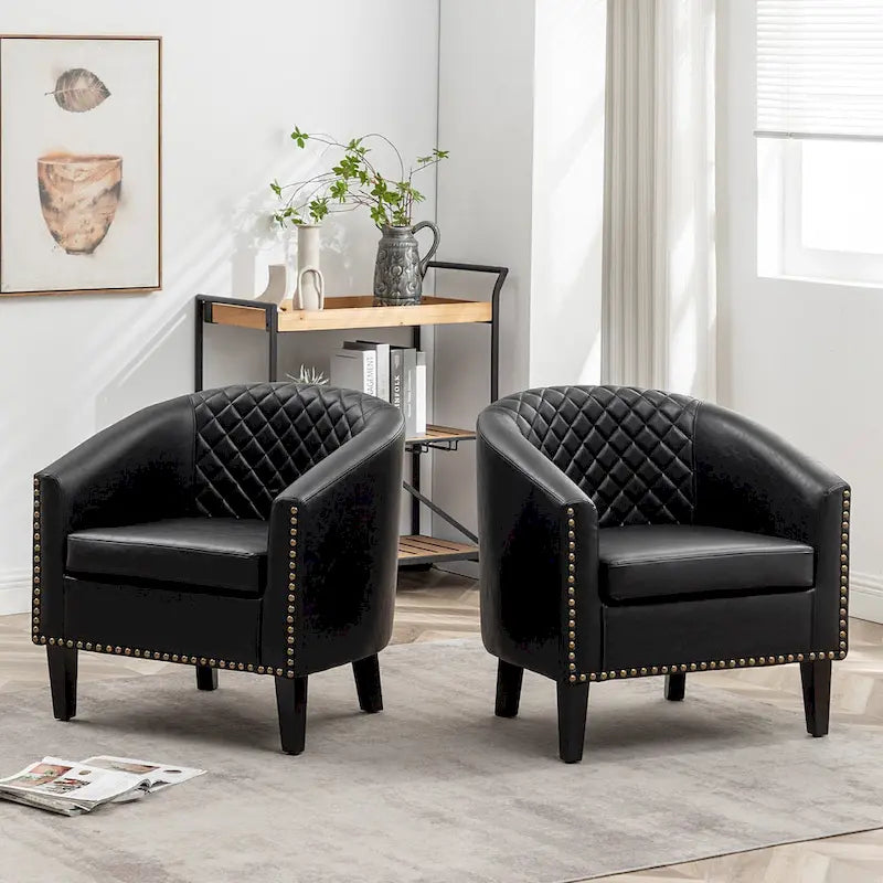 Fauteuil d'appoint baril en similicuir PU vert / café / marron / noir / rouge / crème avec clous décoratifs, lot de 2