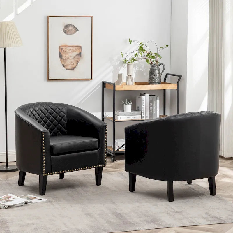 Fauteuil d'appoint baril en similicuir PU vert / café / marron / noir / rouge / crème avec clous décoratifs, lot de 2