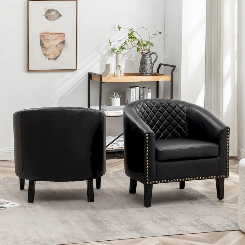 Fauteuil d'appoint baril en similicuir PU vert / café / marron / noir / rouge / crème avec clous décoratifs, lot de 2