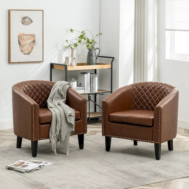 Fauteuil d'appoint baril en similicuir PU vert / café / marron / noir / rouge / crème avec clous décoratifs, lot de 2