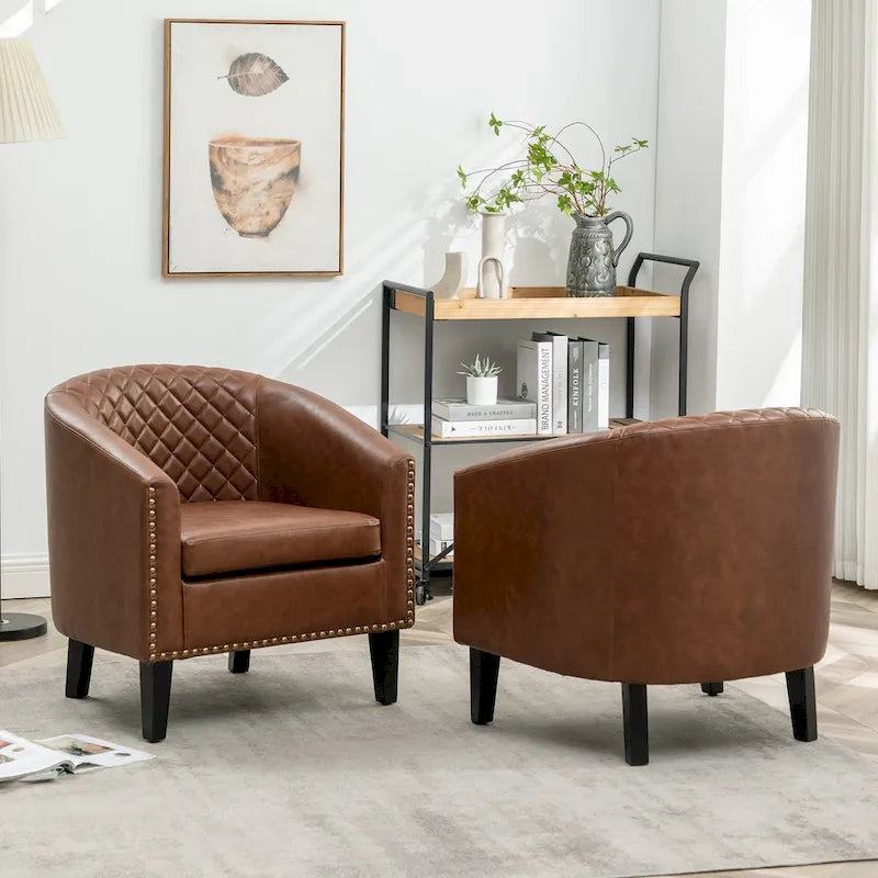 Fauteuil d'appoint baril en similicuir PU vert / café / marron / noir / rouge / crème avec clous décoratifs, lot de 2