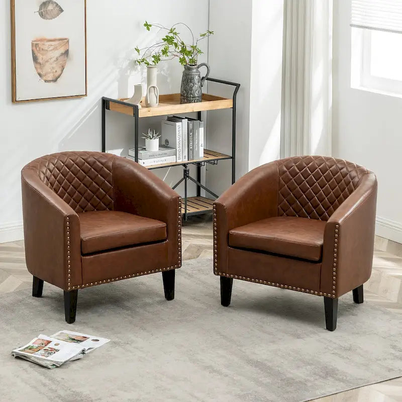 Fauteuil d'appoint baril en similicuir PU vert / café / marron / noir / rouge / crème avec clous décoratifs, lot de 2