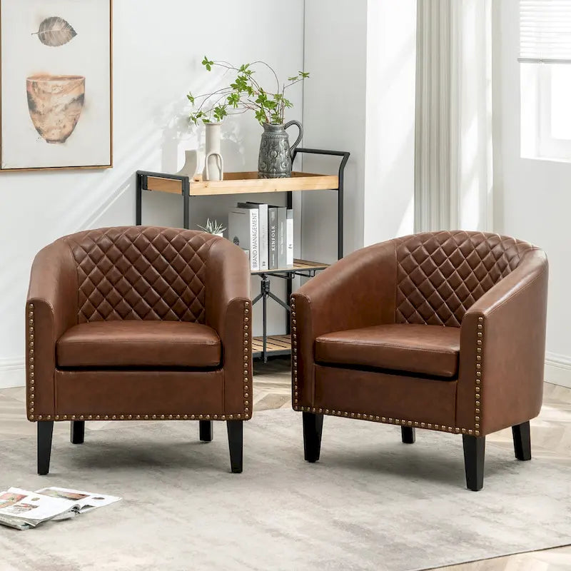Fauteuil d'appoint baril en similicuir PU vert / café / marron / noir / rouge / crème avec clous décoratifs, lot de 2