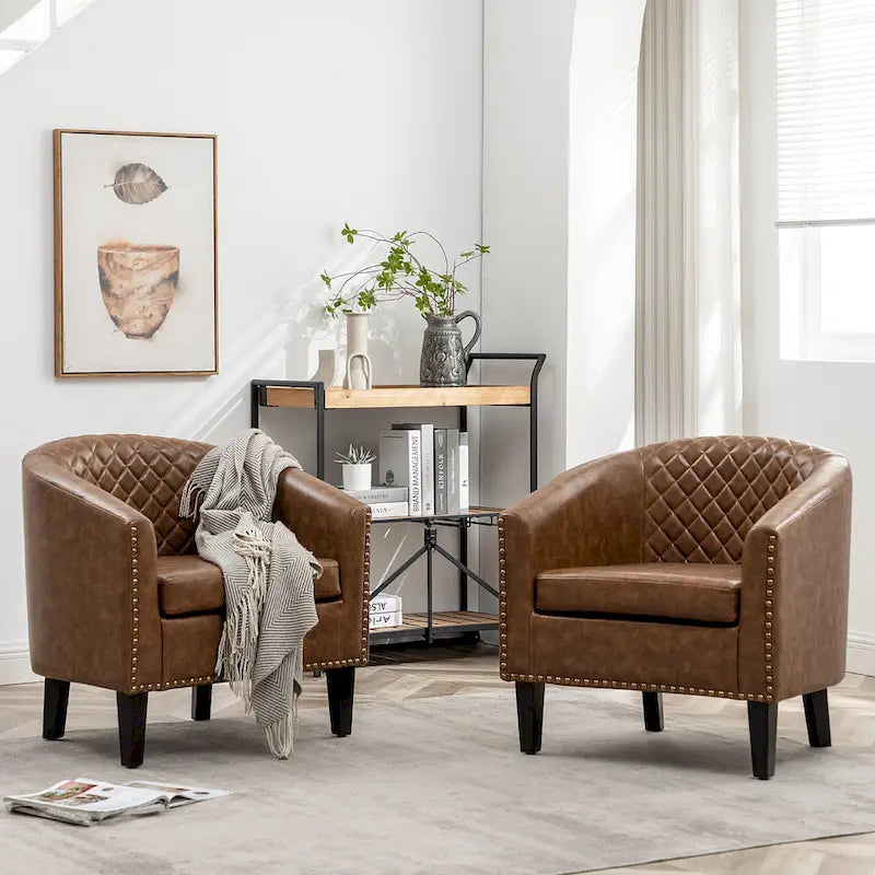 Fauteuil d'appoint baril en similicuir PU vert / café / marron / noir / rouge / crème avec clous décoratifs, lot de 2