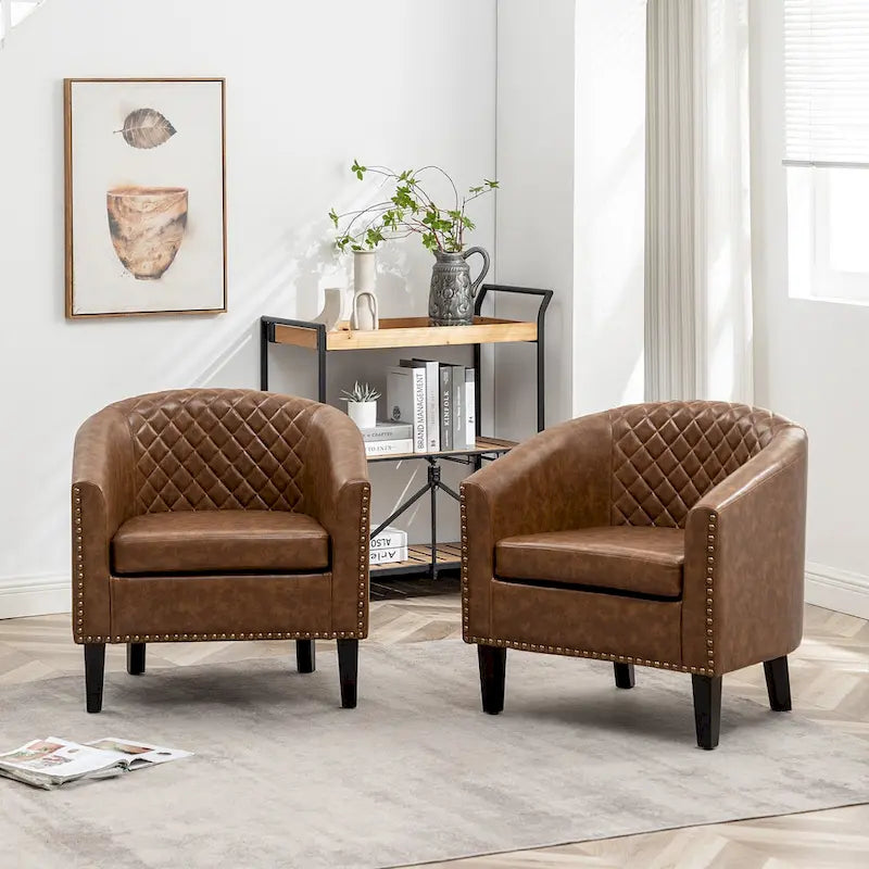Fauteuil d'appoint baril en similicuir PU vert / café / marron / noir / rouge / crème avec clous décoratifs, lot de 2