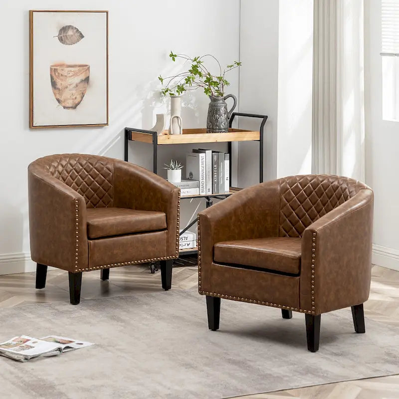Fauteuil d'appoint baril en similicuir PU vert / café / marron / noir / rouge / crème avec clous décoratifs, lot de 2