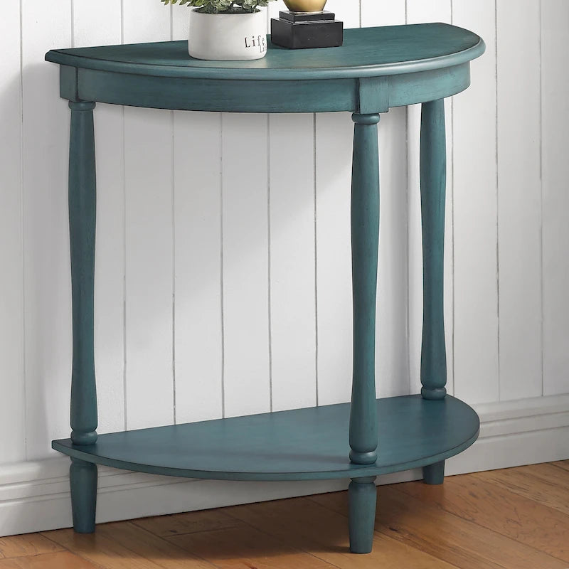 Console demi-lune de style campagnard français, vert clair antique, avec étagère inférieure, montage par 1 personne