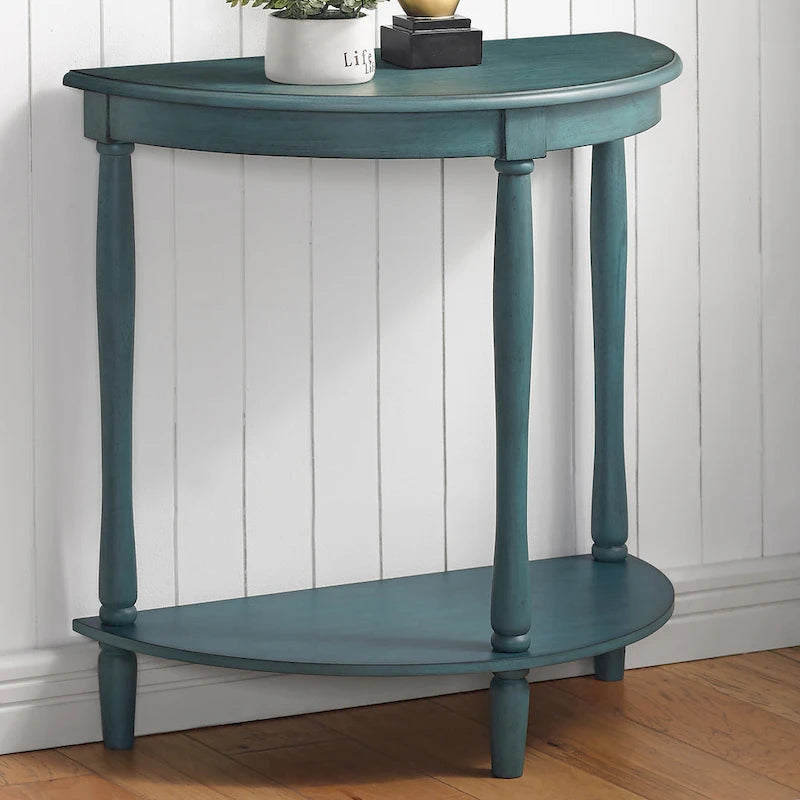 Console demi-lune de style campagnard français, vert clair antique, avec étagère inférieure, montage par 1 personne