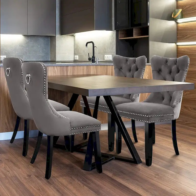 Chaises de salle à manger en velours beige/bleu/gris/noir/jaune, chaise d'appoint rembourrée avec assise capitonnée et pieds en bois, lot de 6