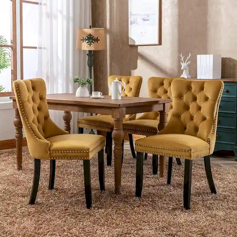 Chaises de salle à manger en velours beige/bleu/gris/noir/jaune, chaise d'appoint rembourrée avec assise capitonnée et pieds en bois, lot de 6