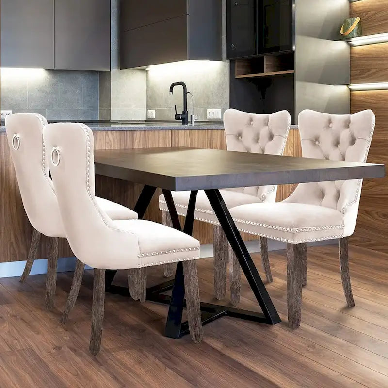 Chaises de salle à manger en velours beige/bleu/gris/noir/jaune, chaise d'appoint rembourrée avec assise capitonnée et pieds en bois, lot de 6