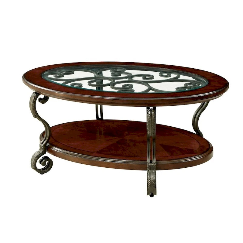 Table basse cerise marron avec cadre en métal à volutes