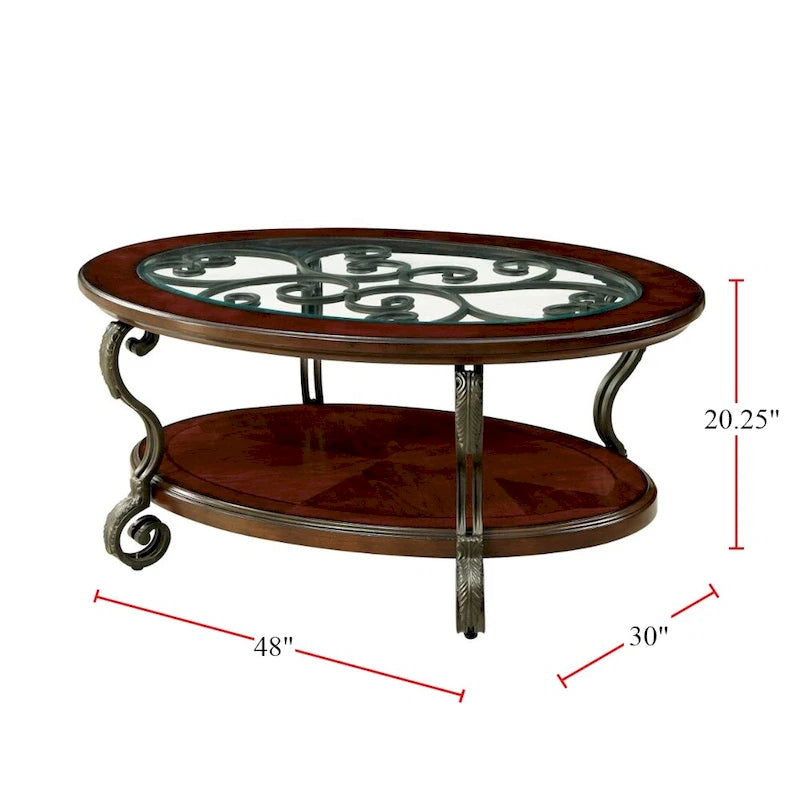Table basse cerise marron avec cadre en métal à volutes