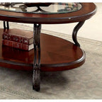 Table basse cerise marron avec cadre en métal à volutes