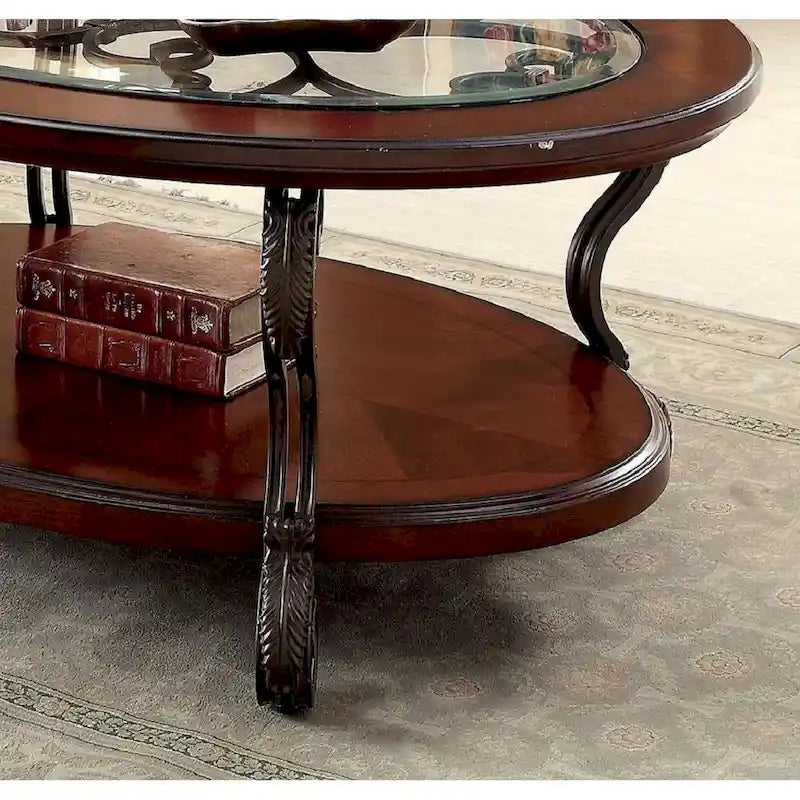 Table basse cerise marron avec cadre en métal à volutes