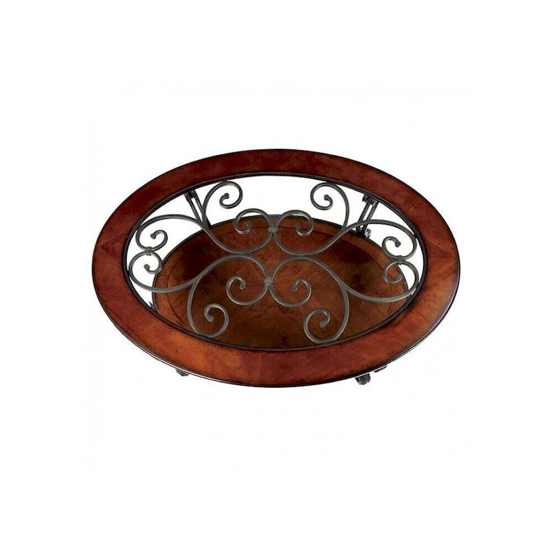 Table basse cerise marron avec cadre en métal à volutes