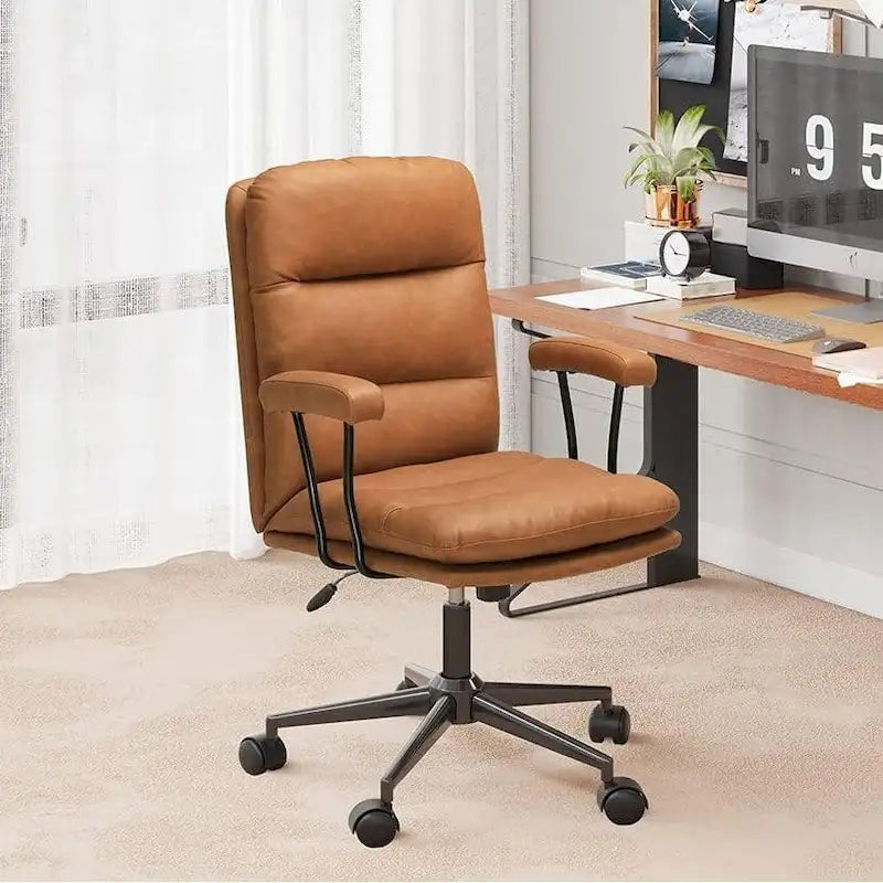 Chaise de bureau mi-siècle en cuir marron avec accoudoirs, réglable, 1 personne, capacité 180 kg