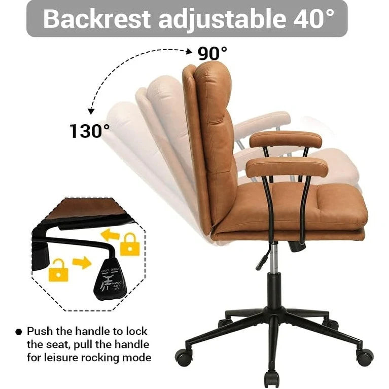 Chaise de bureau mi-siècle en cuir marron avec accoudoirs, réglable, 1 personne, capacité 180 kg