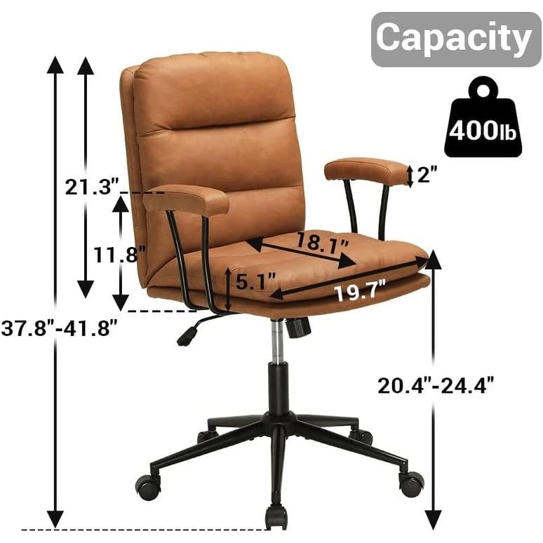Chaise de bureau mi-siècle en cuir marron avec accoudoirs, réglable, 1 personne, capacité 180 kg