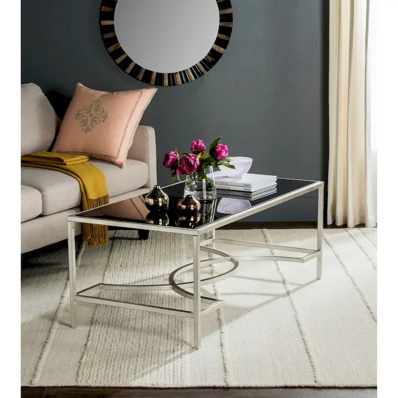 Table basse rectangulaire or/argent, cadre en fer et plateau en verre, 122 cm (L) x 58,4 cm (P) x 45,7 cm (H)