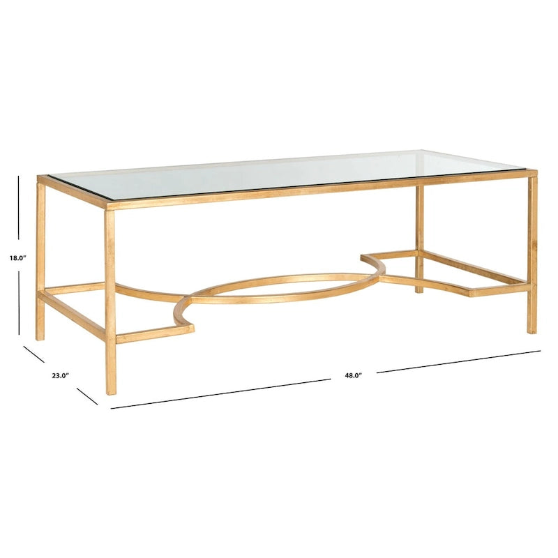 Table basse rectangulaire or/argent, cadre en fer et plateau en verre, 122 cm (L) x 58,4 cm (P) x 45,7 cm (H)