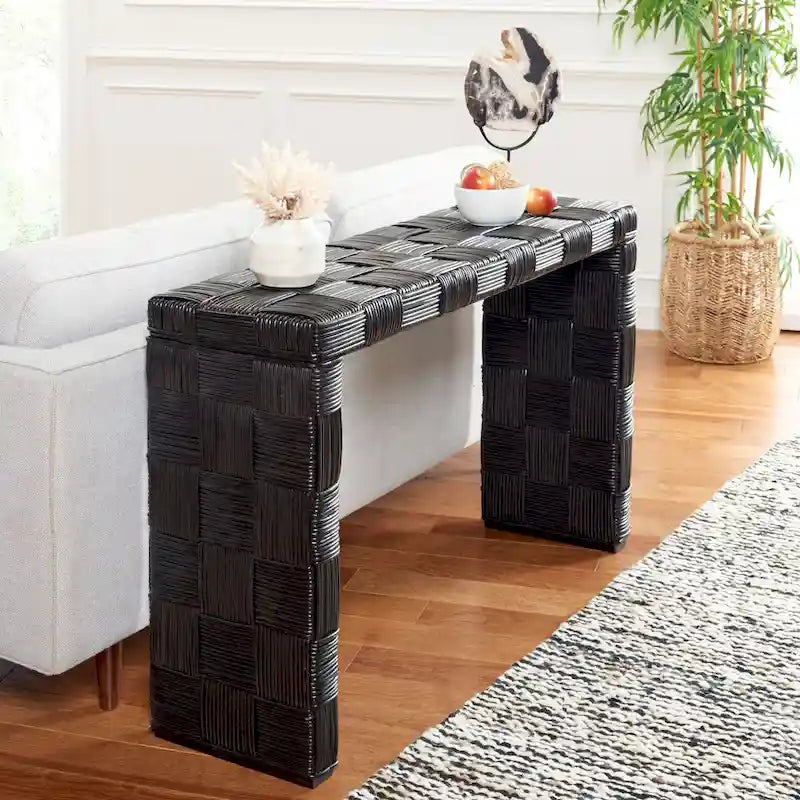 Console en rotin naturel noir/blanc/miel, 1 personne, style tissé en croisillons