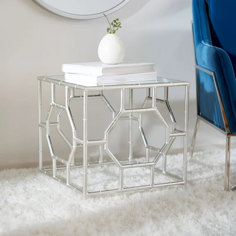 Table d'appoint avec plateau miroir argenté