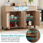 Bahut vaisselier, buffet, console, meuble de rangement d'appoint avec 4 portes en rotin, 2 tiroirs, bar à café avec prise de courant et éclairage LED