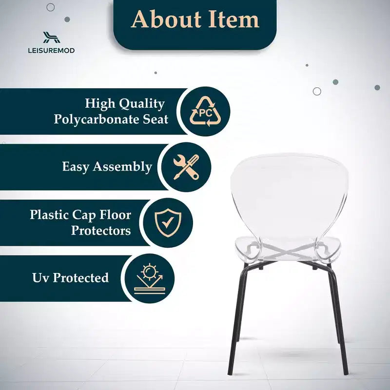 LeisureMod Oyster Chaises de salle à manger transparentes (Lot de 4) - Design incurvé empilable avec pieds en acier inoxydable noir pour cuisine ou salle à manger