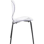 LeisureMod Oyster Chaises de salle à manger transparentes (Lot de 4) - Design incurvé empilable avec pieds en acier inoxydable noir pour cuisine ou salle à manger