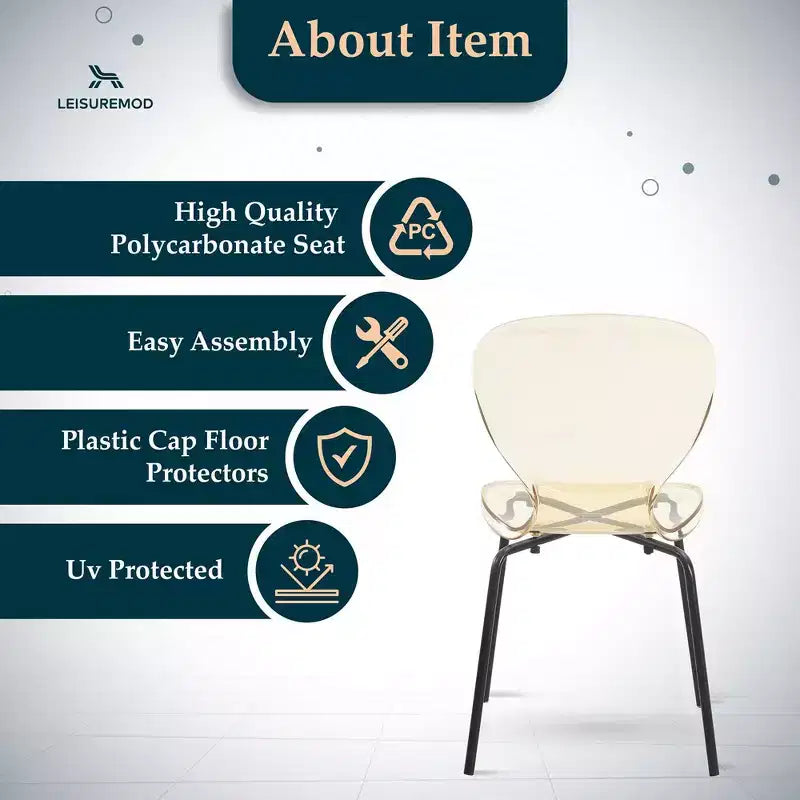 LeisureMod Oyster Chaises de salle à manger transparentes (Lot de 4) - Design incurvé empilable avec pieds en acier inoxydable noir pour cuisine ou salle à manger