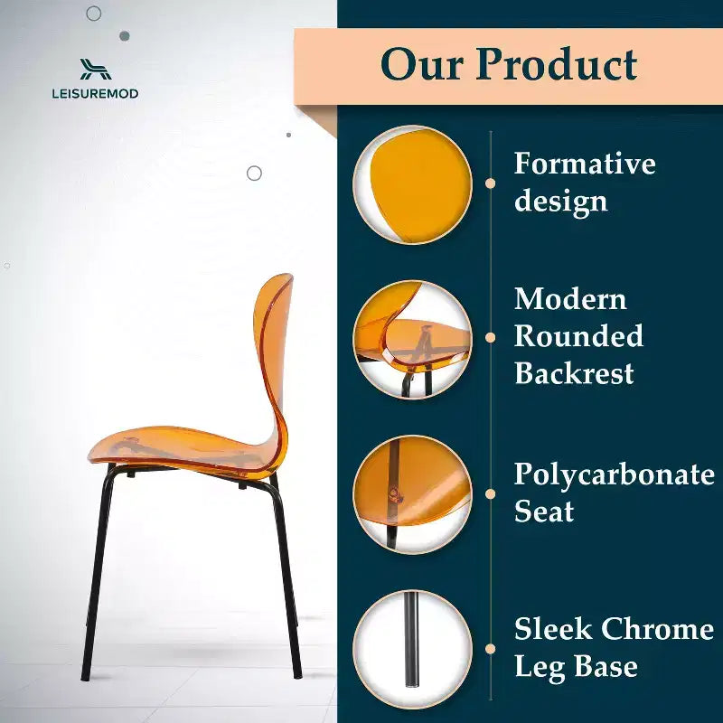 LeisureMod Oyster Chaises de salle à manger transparentes (Lot de 4) - Design incurvé empilable avec pieds en acier inoxydable noir pour cuisine ou salle à manger