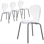 LeisureMod Oyster Chaises de salle à manger transparentes (Lot de 4) - Design incurvé empilable avec pieds en acier inoxydable noir pour cuisine ou salle à manger