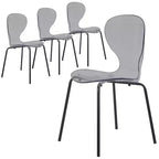 LeisureMod Oyster Chaises de salle à manger transparentes (Lot de 4) - Design incurvé empilable avec pieds en acier inoxydable noir pour cuisine ou salle à manger