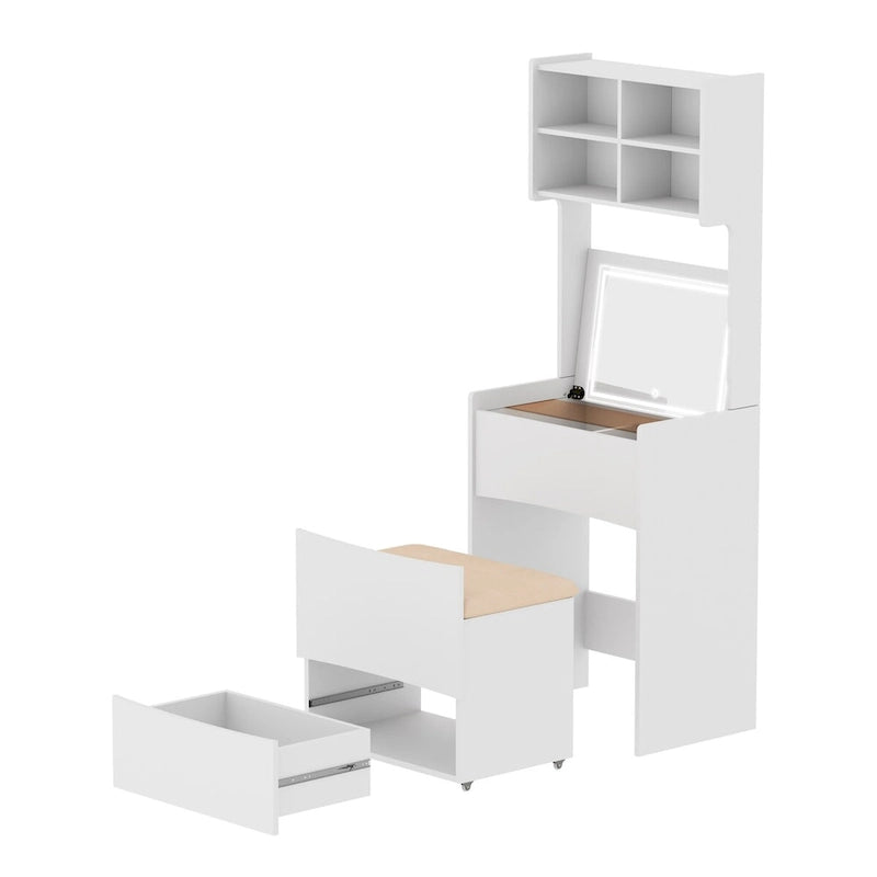 Table de toilette avec tabouret et miroir LED réversible Noir/Blanc, simple