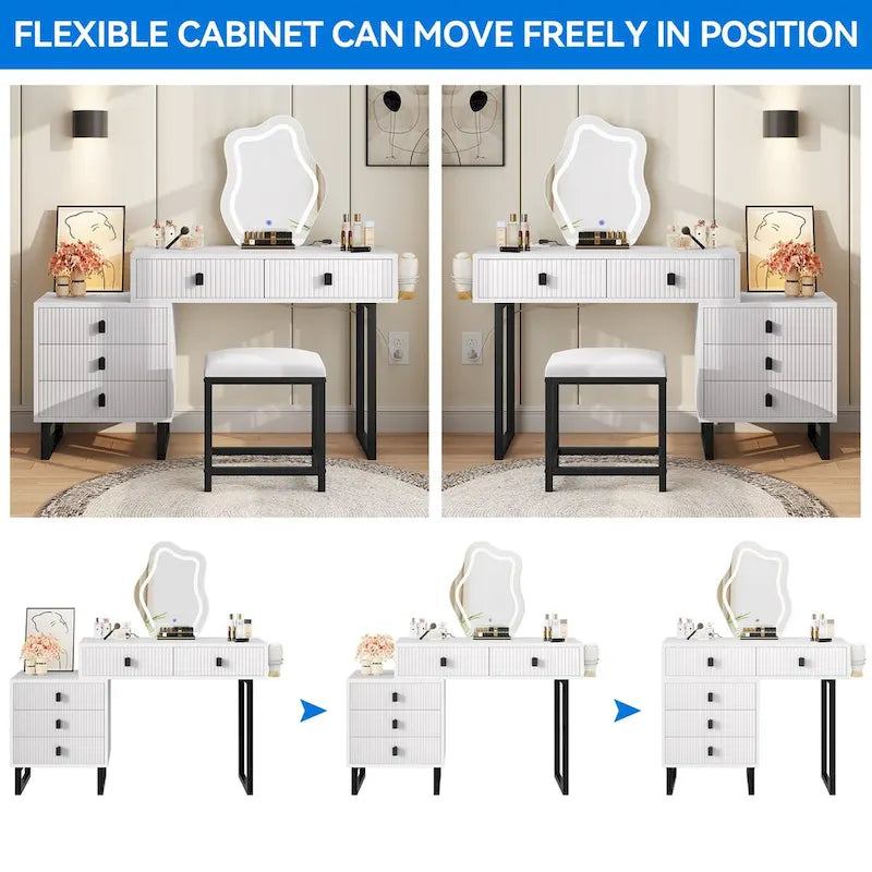 Coiffeuse individuelle Blanche / Noire avec Miroir LED, Tabouret et 5 Tiroirs