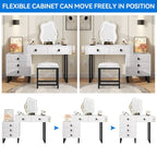 Coiffeuse individuelle Blanche / Noire avec Miroir LED, Tabouret et 5 Tiroirs
