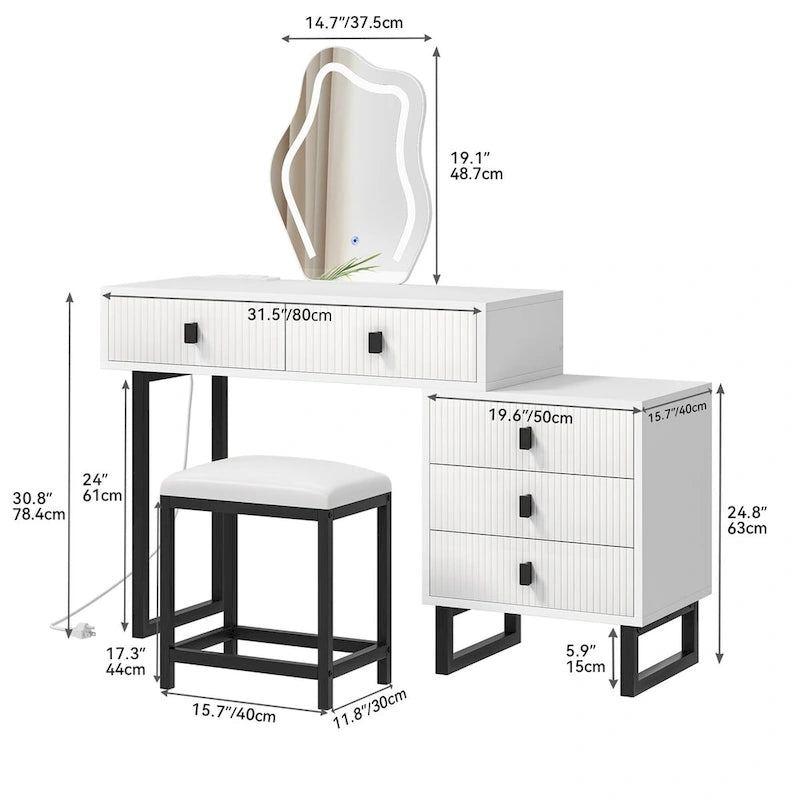 Coiffeuse individuelle Blanche / Noire avec Miroir LED, Tabouret et 5 Tiroirs