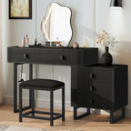 Coiffeuse individuelle Blanche / Noire avec Miroir LED, Tabouret et 5 Tiroirs