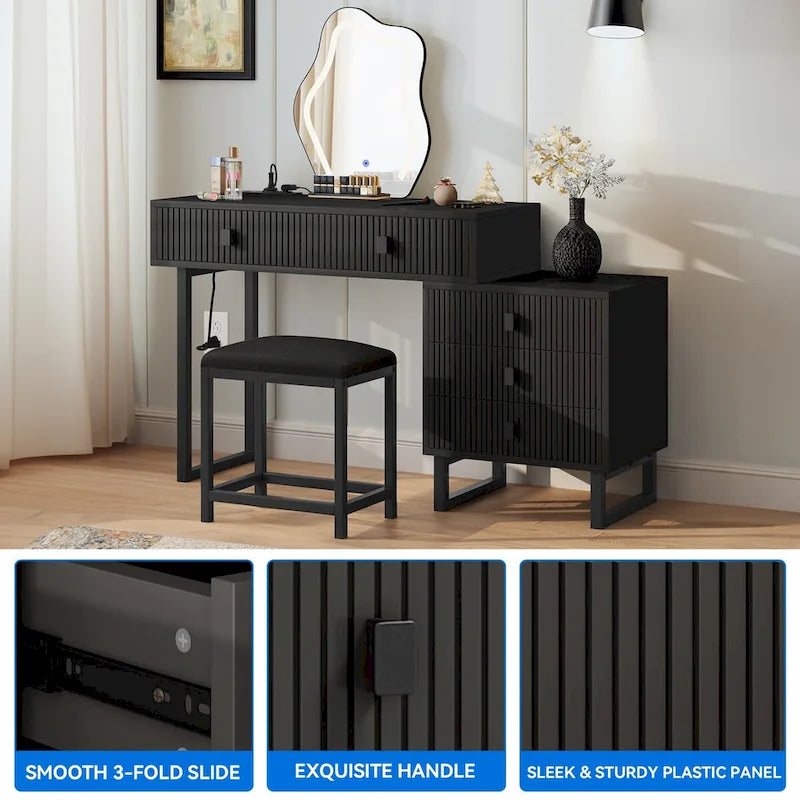 Coiffeuse individuelle Blanche / Noire avec Miroir LED, Tabouret et 5 Tiroirs