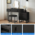 Coiffeuse individuelle Blanche / Noire avec Miroir LED, Tabouret et 5 Tiroirs