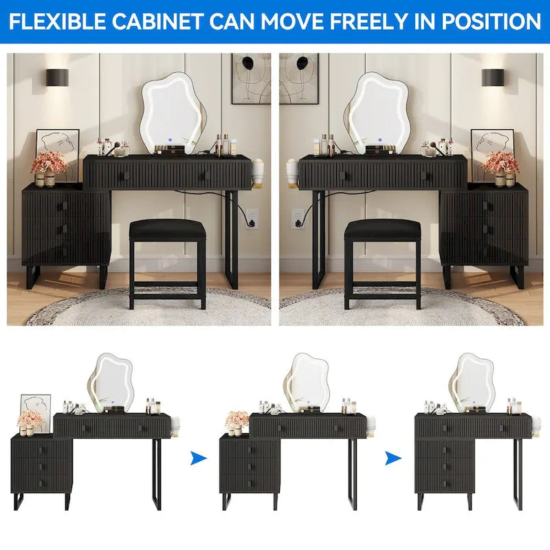 Coiffeuse individuelle Blanche / Noire avec Miroir LED, Tabouret et 5 Tiroirs
