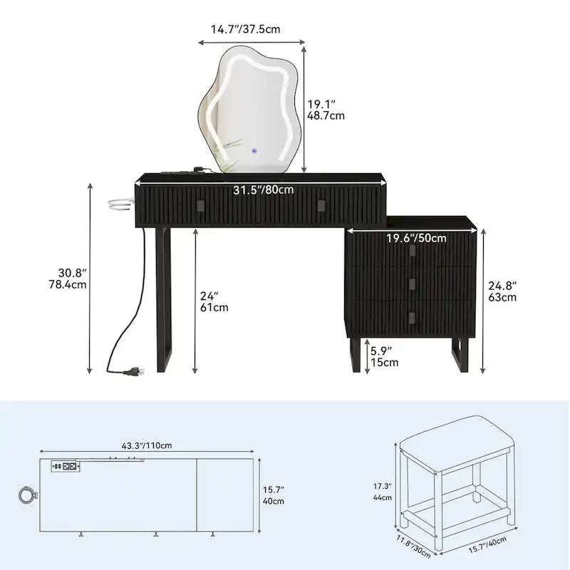 Coiffeuse individuelle Blanche / Noire avec Miroir LED, Tabouret et 5 Tiroirs